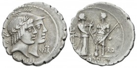 Q. Fufius Calenus and Mucius Cordus Denarius serratus circa 70, AR 20.5mm., 3.92g. Jugate heads of Honos and Virtus r.; in l. field, HO and in r. fiel...