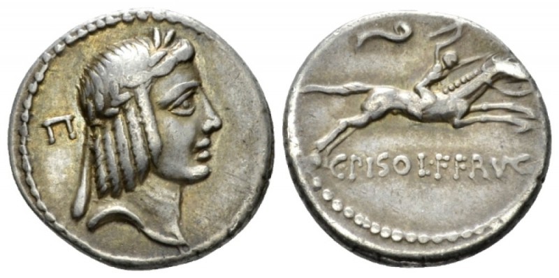 C. Calpurnius L.f. Frugi. Denarius circa 67, AR 17.5mm., 3.82g. Laureate head of...