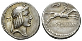 C. Calpurnius L.f. Frugi. Denarius circa 67, AR 17.5mm., 3.82g. Laureate head of Apollo r.; behind, Π. Rev. Horseman galloping r., holding whip; above...