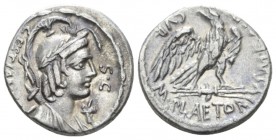 M. Plaetorius M.f. Caestianus. Denarius circa 67, AR 17mm., 3.60g. Bust r. with the attributes of Isis, Minerva, Apollo, Diana and Victory; before, co...