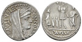 L. Furius Cn. f. Brocchus. Denarius circa 62, AR 18.5mm., 3.88g. PAVLLVS LEPIDVS – CONCORDIA Diademed and draped bust of Concordia r. Rev. Trophy; to ...