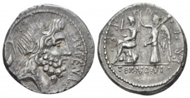 M. Nonius Sufenas. Denarius circa 59, AR 21mm., 3.93g. Head of Saturn r.; in field l., harpa and conical stone. Rev. Roma seated l. on pile of arms, h...