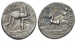 M. Aemilius Scaurus, P. Plautius Hypsaeus. Denarius circa 58, AR 16.5mm., 3.90g. M·SCAVR / AED·CVR Kneeling figure r., holding olive branch and reins ...