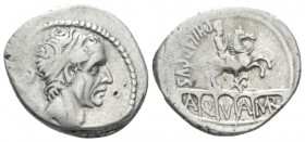 L. Marcius Philippus. Denarius circa 56, AR 19mm., 3.86g. Diademed head of Ancus Marcius r.; behind, lituus and below, ANCVS. Rev. PHILIPPVS Equestria...