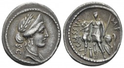 P. Licinius Crassus. Denarius circa 55, AR 18.5mm., 3.94g. Laureate, diademed and draped bust of Venus r.; behind, S·C. Rev. P·CRASSVS· – M·F Female f...