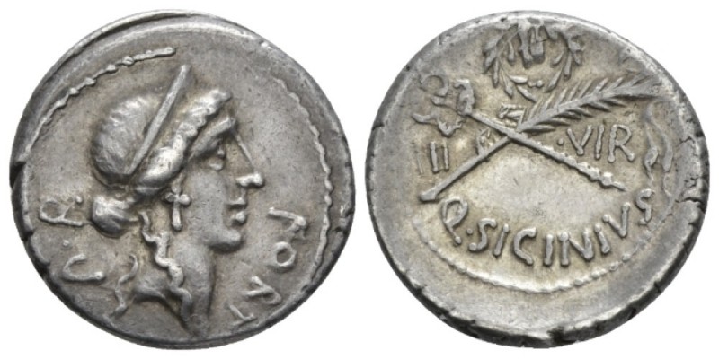 Q. Sicinius. Denarius circa 49, AR 19mm., 4.05g. FORT – P·R Diademed head of For...