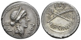 Q. Sicinius. Denarius circa 49, AR 19mm., 4.05g. FORT – P·R Diademed head of Fortuna Populi Romani r. Rev. Palm branch tied with fillet and winged cad...