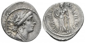 Mn. Acilius Glabrio. Denarius circa 49, AR 19mm., 3.94g. SALVTIS upwards Laureate head of Salus r. Rev. MN·ACILIVS – III·VIR·VALETV Valetudo standing ...