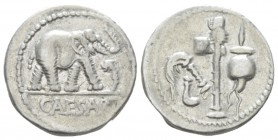 C. Iulius Caesar. Denarius mint moving with Caesar 49-48, AR 18mm., 3.79g. Pontifical emblems: culullus, aspergillum, axe and apex. Rev. Elephant r., ...