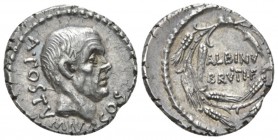 D. Iunius Brutus Albinus. Denarius circa 48, AR 18-5mm., 3.93g. A·POSTVMIVS – COS Bare head of A. Postumius r. Rev. ALBINV / BRVTI·F within wreath of ...