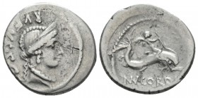 Mn. Cordius Rufus. Denarius circa 46, AR 18.5mm., 3.49g. RVFVS·S·C· Diademed head of Venus r. Rev. Cupid on dolphin r.; below, MN.CORDIVS. Babelon Cor...