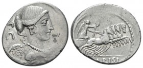 T. Carisius. Denarius circa 46, AR 19mm., 3.56g. Draped bust of Victory r.; behind, S·C. Rev. Victory in prancing quadriga r., holding reins and wreat...