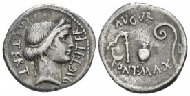 C. Iulius Caesar. Denarius Sicily (?) 46,, AR 19mm., 3.63g. COS·TERT – DICT·ITER Head of Ceres r., wearing wreath of barley. Rev. AVGVR Culullus, aspe...