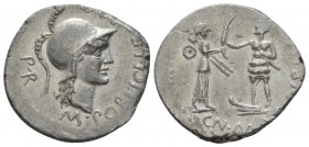 Cn. Pompeius Magnus and M. Poblicius. Denarius Spain 46-45, AR 20mm., 3.78g. M·POBLICI·LEG PRO Helmeted head of Roma r.; behind, PR. Rev. CN·MAGNVS·IM...