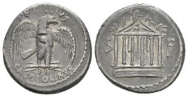 Petillius Capitolinus. Denarius circa 41, AR 17.5mm., 3.66g. PETILLIVS Eagle on thunderbolt r., with open wings; below, CAPITOLINVS. Rev. S – F Hexast...