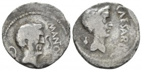 Marcus Antonius. Denarius Gallia Cisalpina 43, AR 18mm., 3.22g. M ANTON IMP Bearded head of Mark Antony r.; behind, lituus. Rev. CAESAR DI[C] Laureate...