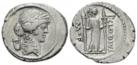 P. Clodius M. f. Turinus. Denarius circa 42, AR 20.5mm., 3.95g. Laureate head of Apollo r.; behind, lyre. Rev. P.CLODIVS – ·M·F Diana standing facing,...