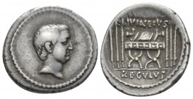 L. Livineius Regulus. Denarius circa 42, AR 20mm., 3.84g. Head of L. Regulus r. Rev. L·LIVINEIVS Curule chair; on either side, three fasces. In exergu...