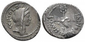 L. Mussidius Longus. Denarius circa 42, AR 19mm., 3.37g. CONCORDIA Diademed and veiled bust of Concordia r. Rev. Two hands clasped around caduceus; be...