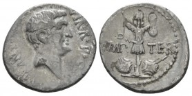 Marcus Antonius Denarius mint moving with M. Antonius 37, AR 20mm., 3.33g. ANT·AVGV (partially ligate)·III·VIR·R·P·C Head of M. Antony r. Rev. IMP – T...