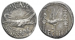 Marcus Antonius. Denarius mint moving with M. Antonius 32-31, AR 15.5mm., 3.37g. ANT AVG – III·VIR·R·P·C Galley r., with sceptre tied with fillet on p...