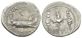 Marcus Antonius. Denarius mint moving with M. Antonius 32-31, AR 19mm., 3.63g. ANT AVG – III·VIR·R·P·C Galley r., with sceptre tied with fillet on pro...