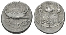 Marcus Antonius. Denarius mint moving with M. Antony 32-31, AR 17.5mm., 3.68g. ANT AVG – III·VIR·R·P·C Galley r., with sceptre tied with fillet on pro...