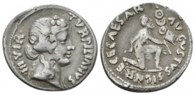 Octavian as Augustus, 27 BC – 14 AD Denarius circa 19 BC, AR 20mm., 3.76g. Ivy-wreathed head of Liber r. Rev. Kneeling Parthian r., holding vexillum. ...