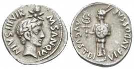 Octavian as Augustus, 27 BC – 14 AD Denarius circa 17 BC, AR 18mm., 3.58g. Bare head of Augustus r. Rev. Laureate, youthful head of deified Julius Cae...