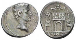 Octavian as Augustus, 27 BC – 14 AD Denarius circa 16 BC, AR 20mm., 4.04g. Bare head r. Rev. Augustus in quadriga on triumphal arch, the pedestal of w...