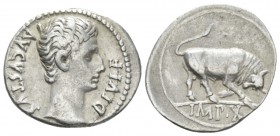 Octavian as Augustus, 27 BC – 14 AD Denarius Lugdunum circa 15-13 BC, AR 20mm., 3.66g. Bare head r. Rev. Bull butting r. C 137. RIC 167a.

Minor dif...