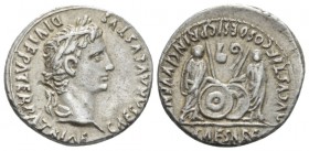 Octavian as Augustus, 27 BC – 14 AD Denarius Lugdunum 2 BC- 4 AD, AR 19mm., 3.80g. Laureate head r. Rev. Caius and Lucius standing facing and resting ...