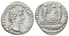 Octavian as Augustus, 27 BC – 14 AD Denarius Lugdunum circa 2 BC - 4 AD, AR 18mm., 3.80g. Laureate head r. Rev. Caius and Lucius standing facing, each...