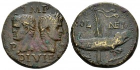 Octavian as Augustus, 27 BC – 14 AD As Nemausus circa 10-14 AD, Æ 28mm., 13.48g. Heads of Agrippa and Augustus back to back, the former wearing combin...