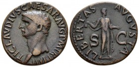 Claudius, 41-54 As circa 41-50, Æ 28mm., 10.38g. Bare head l. Rev. Libertas standing facing, head r., holding pileus and l. hand extended. C 47. RIC 9...