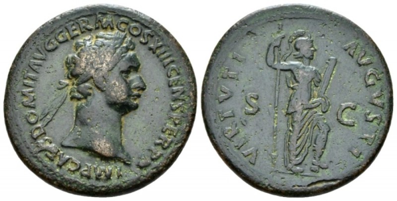 Domitian, 81-96 As circa 87, Æ 28mm., 9.87g. Laureate bust r. Rev.Virtus standin...