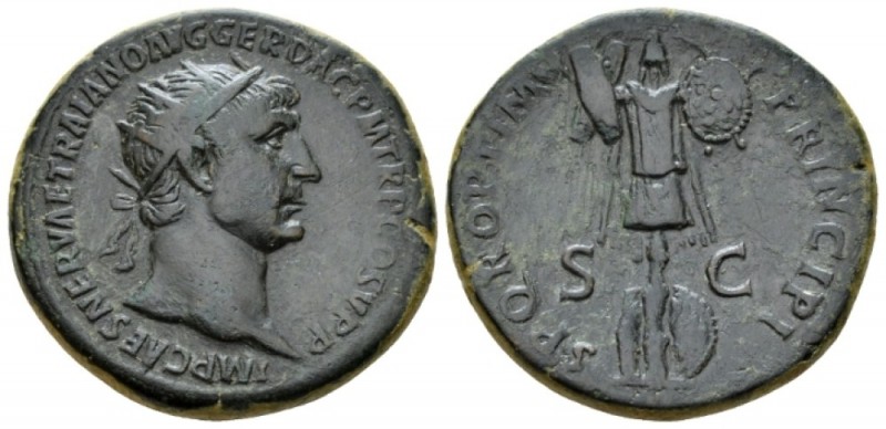 Trajan, 98-117 Dupondius circa 105-111, Æ 28mm., 13.22g. Radiate head r. Rev. Tr...