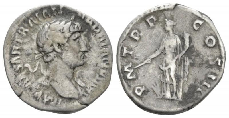 Hadrian, 117-138 Denarius circa 118, AR 17mm., 2.89g. Laureate bust r., with dra...