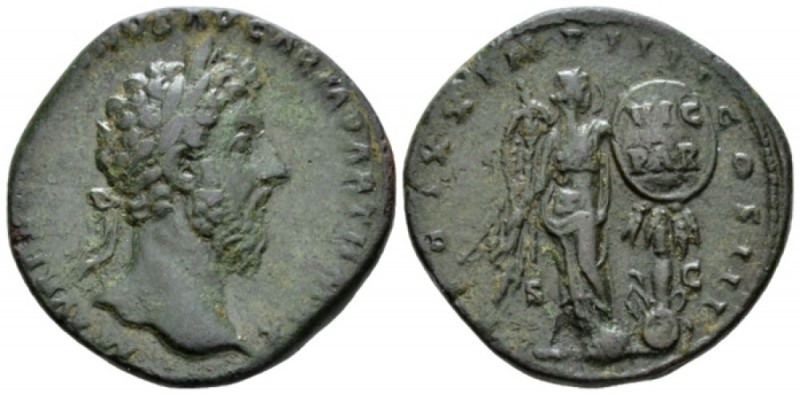 Marcus Aurelius, 161-180 Sestertius circa 166, Æ 31mm., 23.70g. Laureate head r....