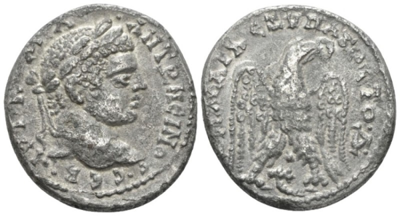 Caracalla, 198-217 Tetradrachm Antioch circa 215-217, AR 26mm., 11.76g. Laureate...