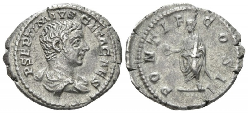 Geta, 209-212 Denarius circa 209, AR 19mm., 3.41g. Bare-headed, draped and cuira...