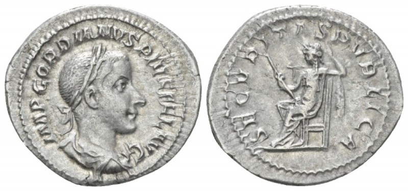 Gordian III, 238-244 Denarius circa 241-243, AR 20mm., 2.85g. Laureate, draped a...