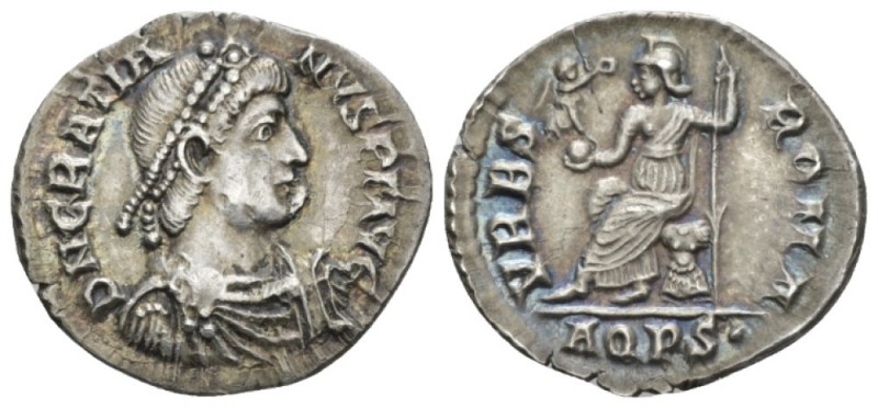 Gratian, 367-383 Reduced siliqua Aquileia circa 375-378, AR 19mm., 2.14g. Pearl-...