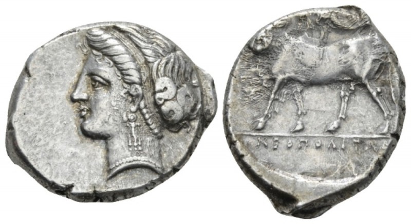 Campania, Neapolis Nomos circa 275-250, AR 22mm., 7.20g. Head of nymph l., weari...