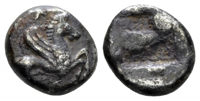 Asia Minor, uncertain mint Diobol circa 500 BC, AR 9mm., 1.31g. Hippocamp standi...