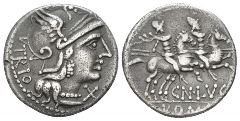 Cn. Lucretius Trio. Denarius circa 136, AR 18mm., 3.45g. Helmeted head of Roma r...