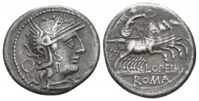 L. Opimius. Denarius circa 131, AR 18.2mm., 3.76g. Helmeted head of Roma r.; bel...