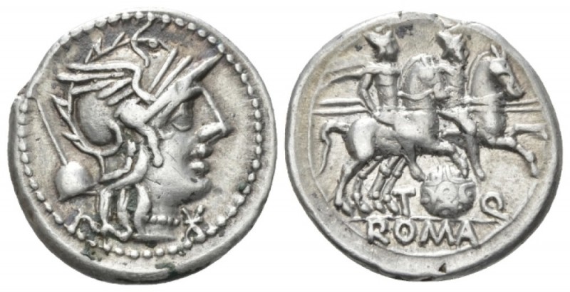 T. Quinctius Flamininus. Denarius circa 126, AR 18.6mm., 3.89g. Helmeted head of...