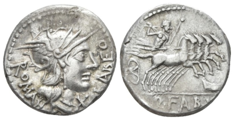 Q. Fabius Labeo. Denarius circa 124, AR 18.5mm., 3.92g. Helmeted head of Roma r....