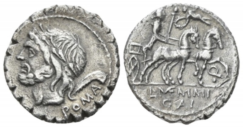 L. Memmius Galeria. Denarius serratus circa 106, AR 17.3mm., 3.42g. Laureate hea...